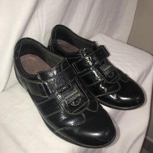 Clark’s All Black Patent Leather Buckle Up Shoes